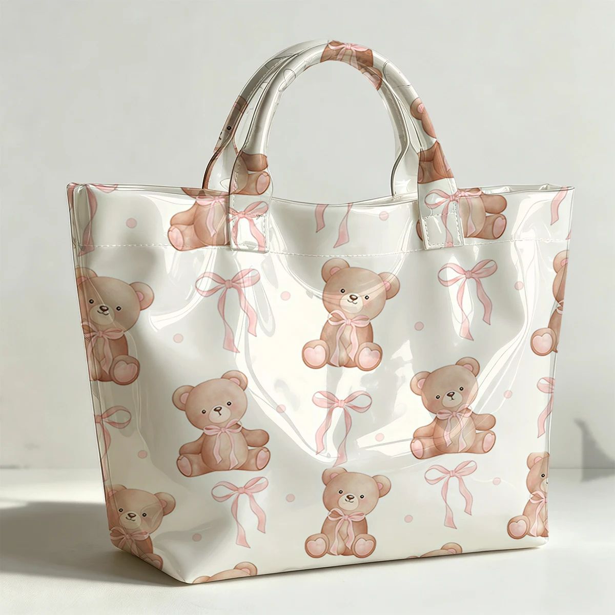 Blush Cute Bear & Bow PVC Tote Bag Waterproof Transparent Jelly Bag Beach Bag Tote Pouch Bow Handbags Storage Bag