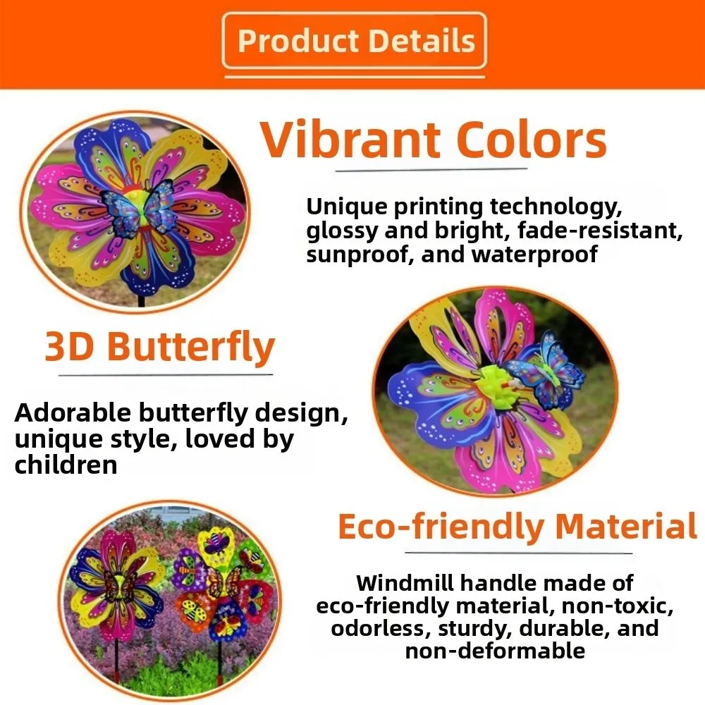 Multistyles Plastic Dance Butterfly Windmill Colorful 3D Butterfly Cartoon Handheld Windmill Diameter 24cm PVC