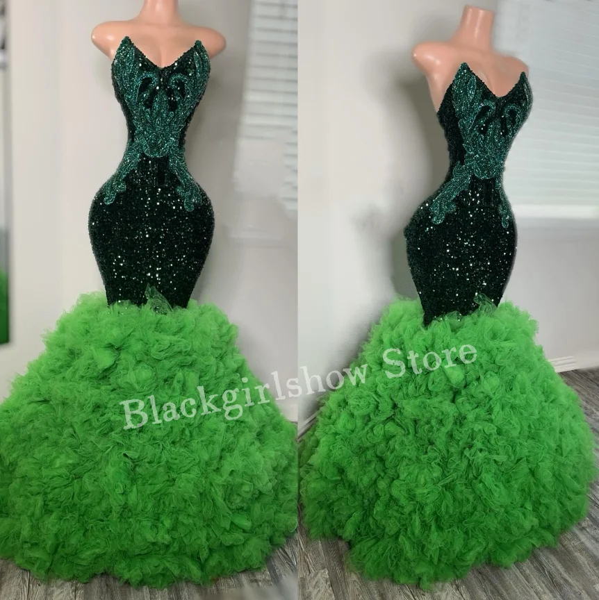 여성용 반짝이는 에메랄드 롱 무도회 원피스, 격식있는 행사용, 섹시한 플런지 스팽글 레이스 인어 드레스, 2024