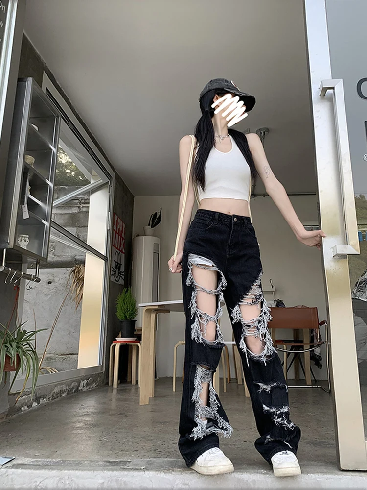 Dark Gothic Streetwear Black Ripped Tassel Design Jeans Women's Grunge High Waist Hip Hop Straight trousers Loose Wide Leg Pants