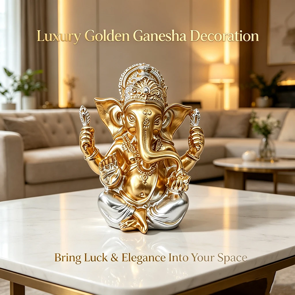 Goldene Ganesha-Statue aus Kunstharz, Hindu-Elefantengott-Figur, Glücksbringer-Dekoration für Zuhause, Wohnzimmer, Büro, Meditationsraum, Geschenk – Detail 4