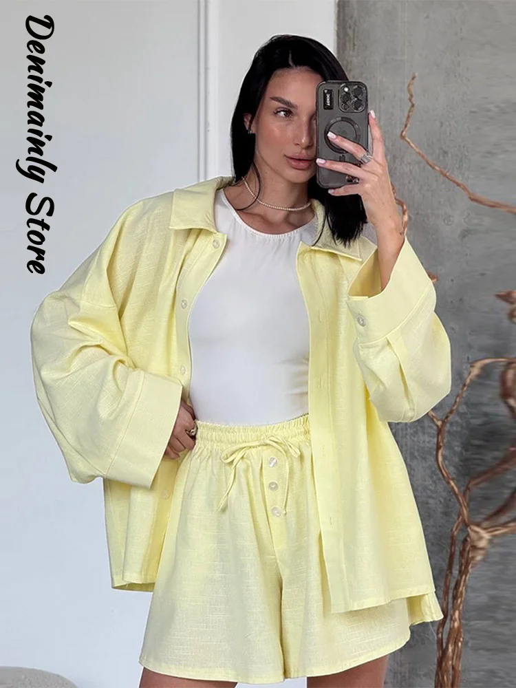 

Fashion Women's Cardigan Shorts 2 Pieces Set Lapel Full Sleeved Top Lace Up Straight Short Pants 2025 Summer Lady Casual Suit