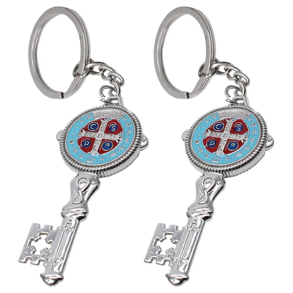 2Pcs Saint Benedict Medals Key Shaped Keychain Colorful Religious Pendant Cross Protection for Bag Backpack Charm