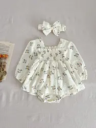 INS style Baby's Autumn Jumpsuit Baby Girl's Princess Hare  Small Floral Dress Western style Sweet with Headband Dress