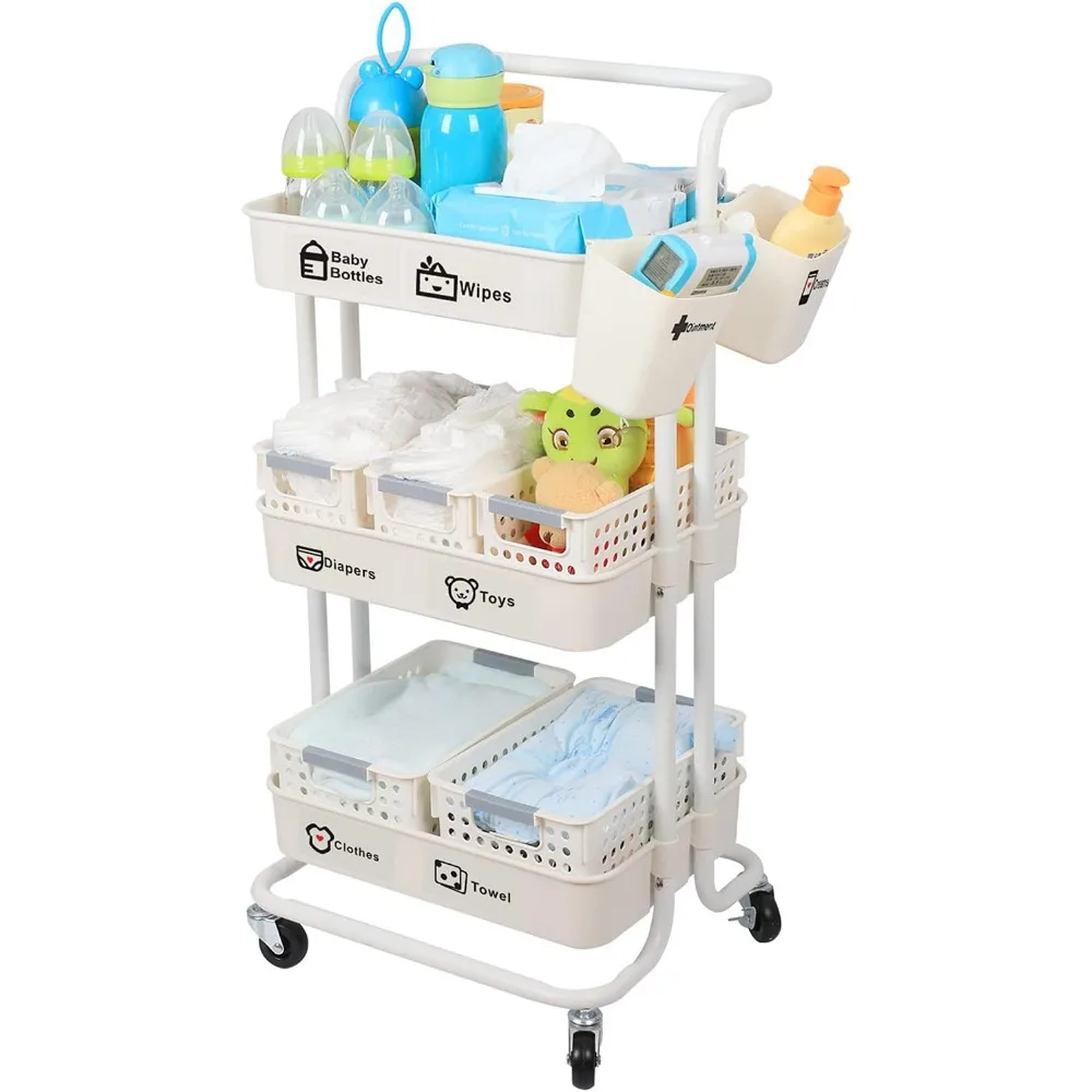 

3-Tier Rolling Diaper Organizer Cart with Baskets and Hanging Cups, Large Capacity Nursery Storage, Easy Assembly