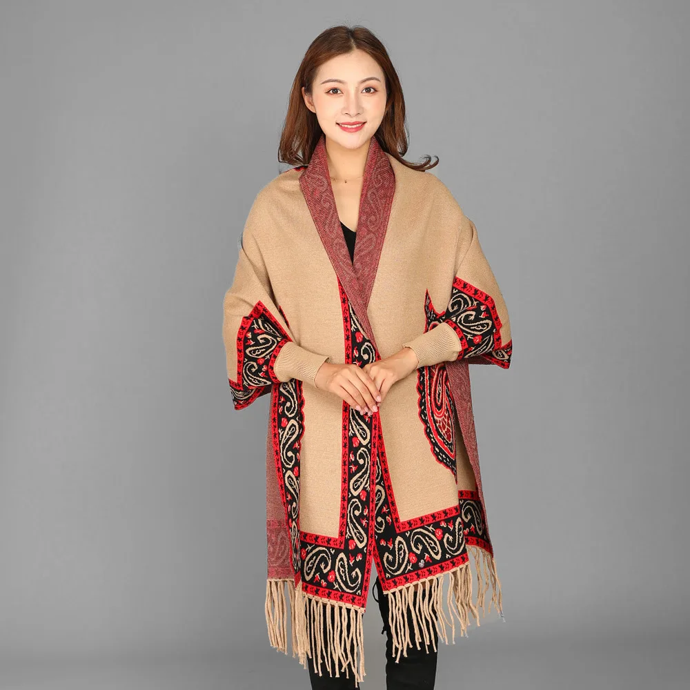 Women Ethic Style Cheongsam Shawl with Sleeve Cashmere Blend Pashmina Female Print Cashew Flower Ponchos Bufanda and Wraps