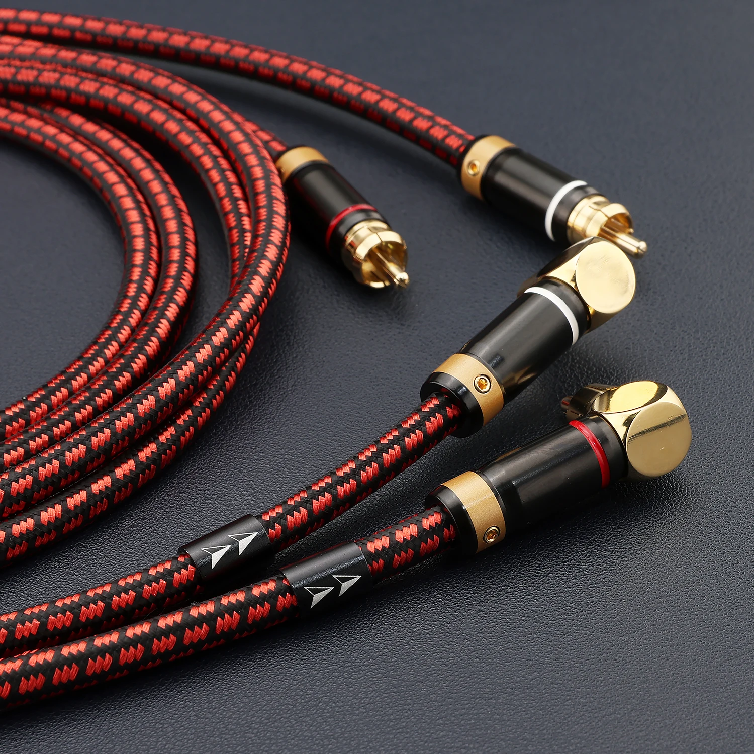 24K Gold Plated 90 Degree Right Angle Straight RCA Male to Male Audio Interconnect Cable Braided HiFi Audiophile Stereo Pair