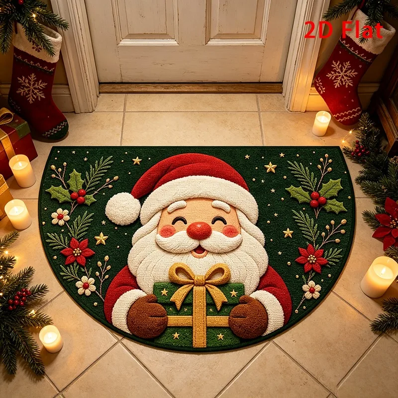 Santa Gift Box Semi-Circular Rug Christmas Door Mat Home Decorative Carpet for Living Room Bedroom Entryway Soft Floor Mat