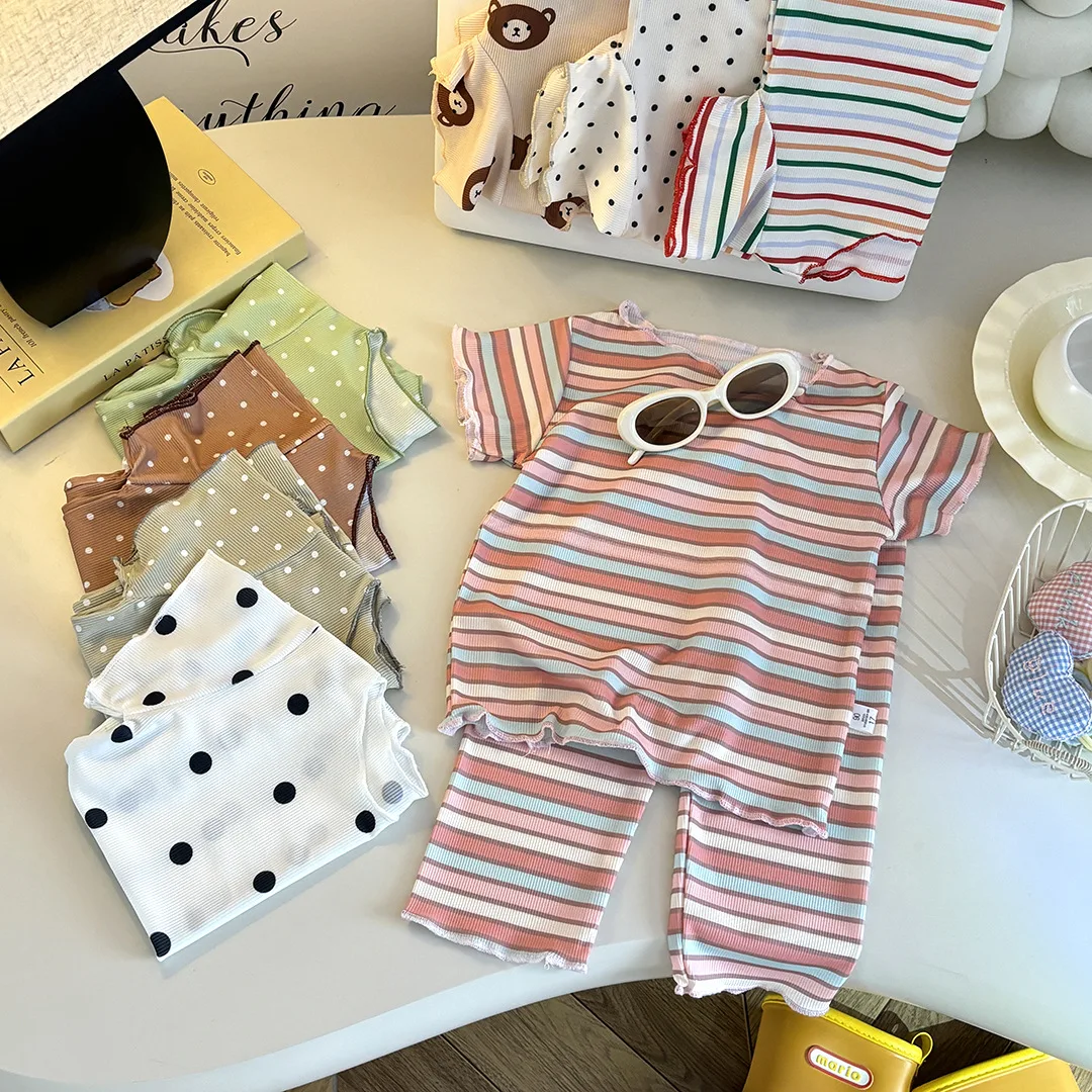 Kids Summer Striped Polka Dot Pajamas Set Baby Girls Short Sleeve Tops +Pants 2PCS Soft Breathable Loungewear Clothes Set