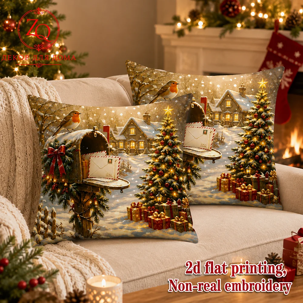 Christmas Winter Village Mailbox Robin Throw Pillow Covers Velvet Decorative Cushion Cases Christmas Party Home Decor
