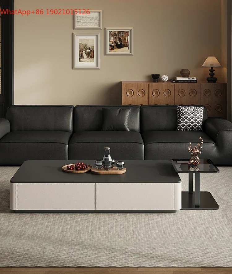 SS S7486 Italian light luxury rock slab coffee table, combined living room home retro style solid wood high-end saddle leather T