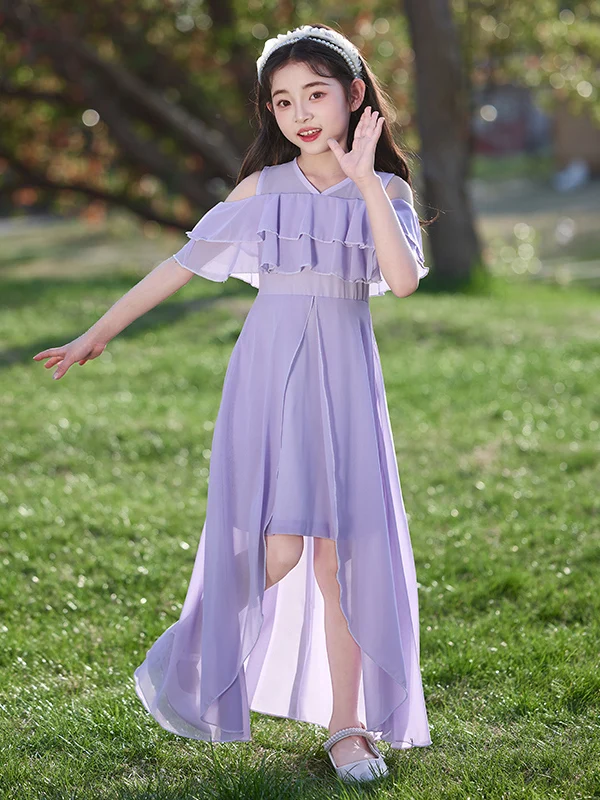 プリンセススタイル-ガールズサマードレス-2025新作-子供用シフォンドレス-ショルダーバード-リトルガール-エレガントでおしゃれなスカート