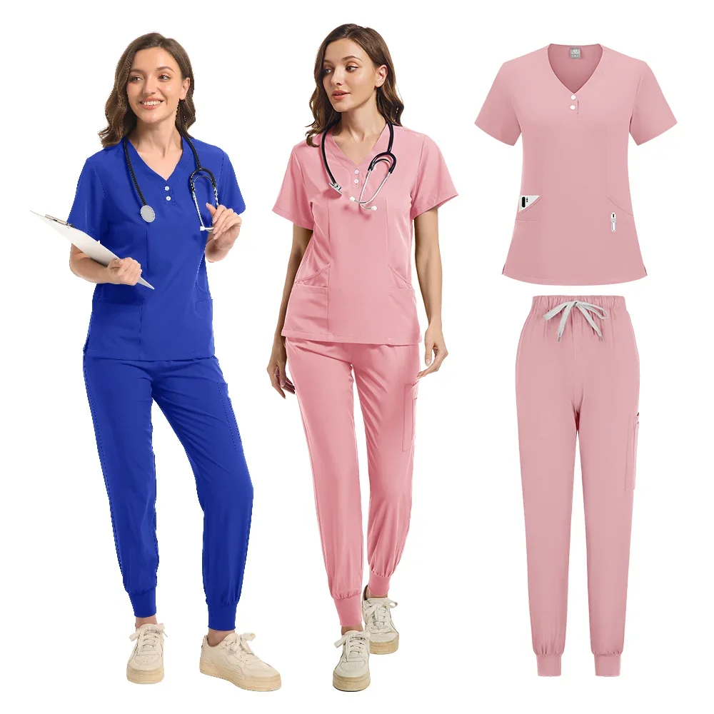 Precio al por mayor de fábrica, conjuntos de uniformes de enfermería, cintura elástica de varios colores, ropa de enfermería médica personalizada para mujeres