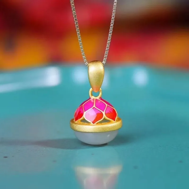 Designer original enamel porcelain natural Hetian jade geometric hollow small bells cute and beautiful ladies necklace pendant