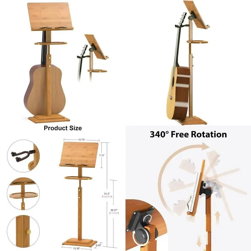 for Bamboo stand with tray, guitar clip, woodchips, music storage for podium, violin, piano, ukulele player