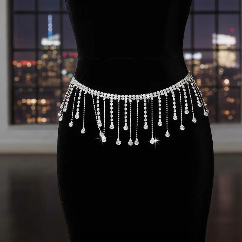 Clear Crystal Rhinestone Fringe Trim Glitter Tassel Ribbon Chain for Stage Costume Evening Dress Decor Craft