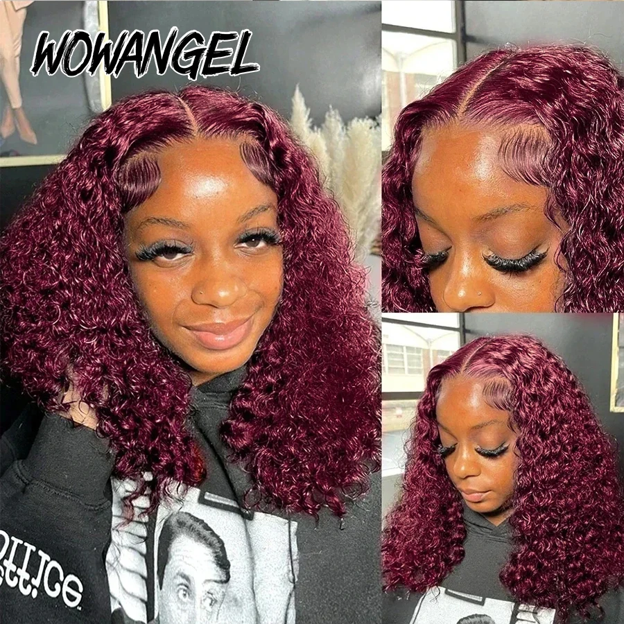 WOWANGEL 99J Burgundy Curly Bob Wigs Pre Cut 9x6 HD Lace Closure Wigs Human Hair Water Wave Glueless Wigs Pre Plucked For Women