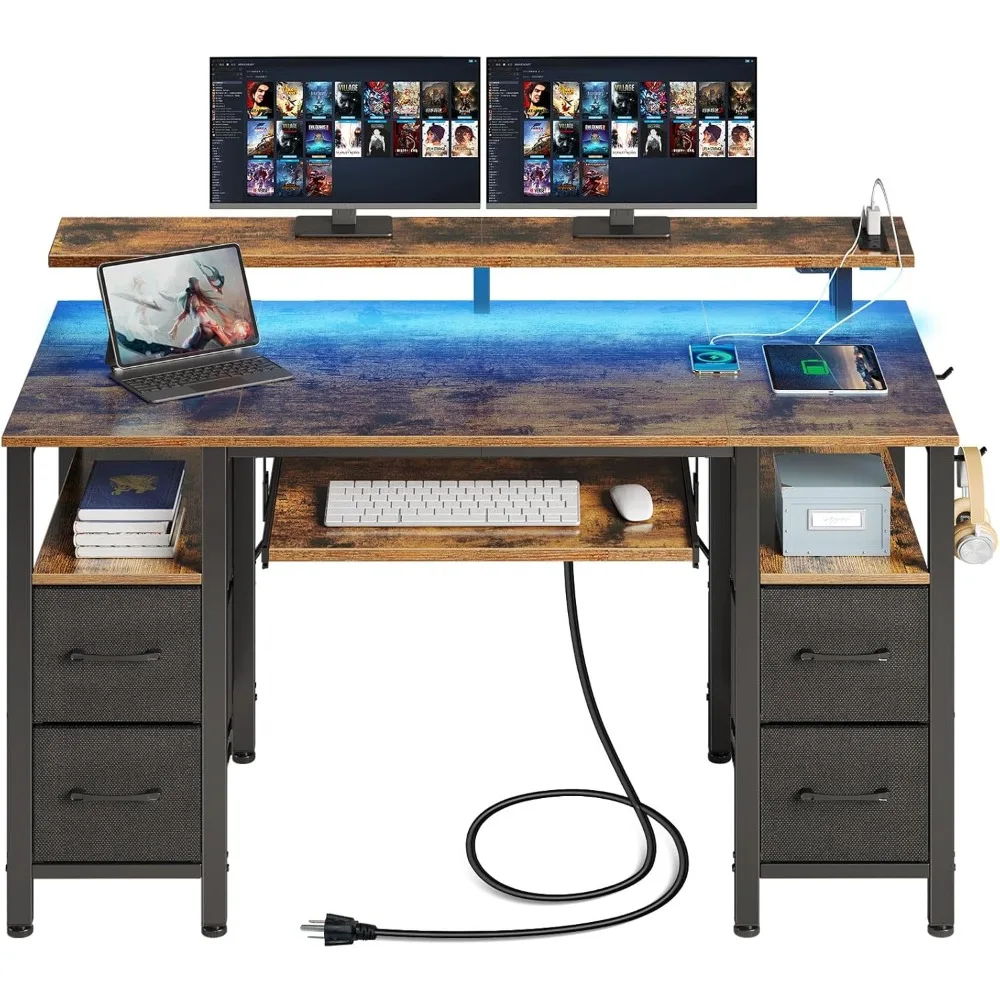 

Computer Desk 55.1" with LED Lights & Power Outlets, Home Office Desk with 4 Drawers, Writing Desk with Keyboard Tray