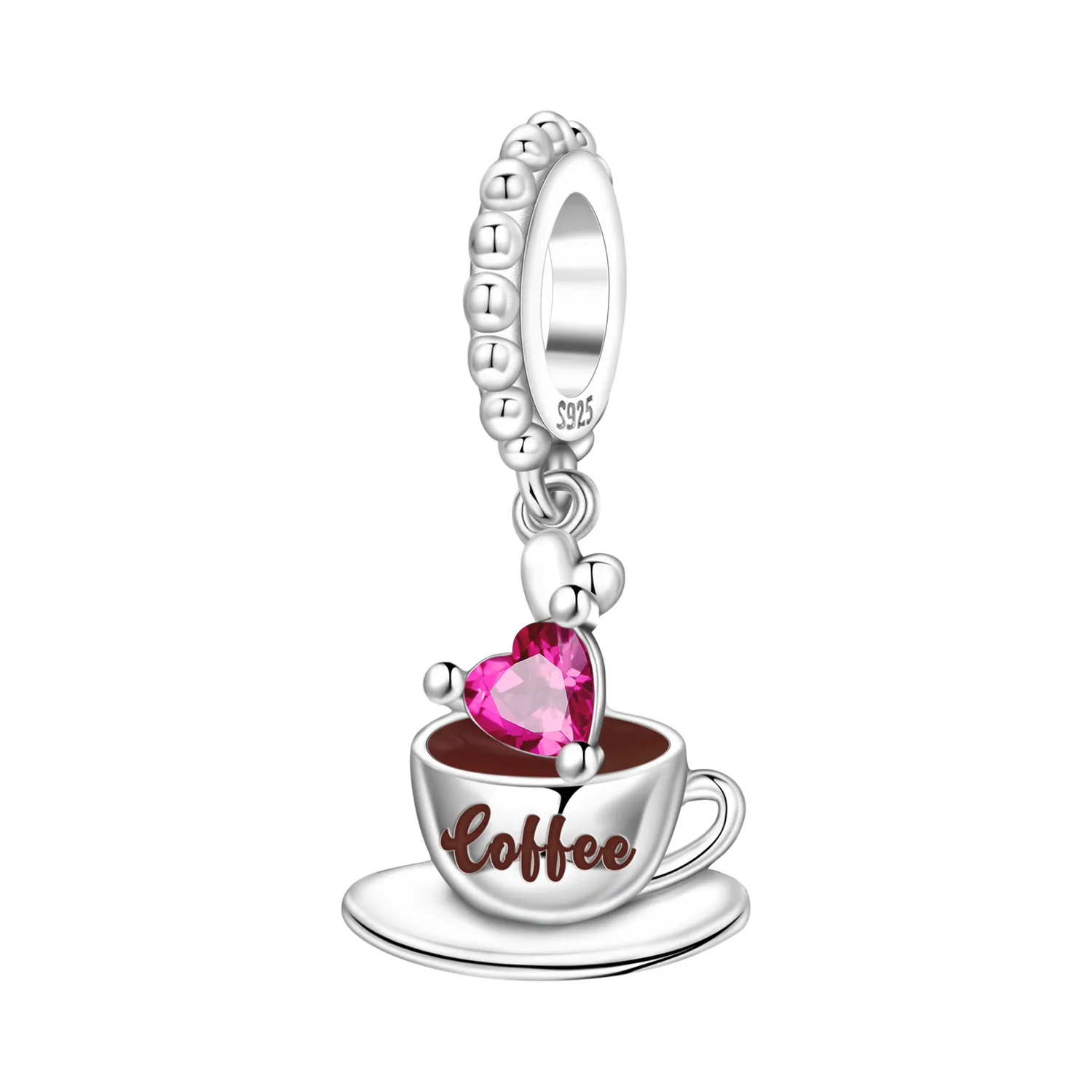 925 Sterling Silver Coffee Cup Dangle Charm Coffee Lettering Pink Heart Cubic Zirconia Pendant Fit Bracelets DIY Jewelry Gift