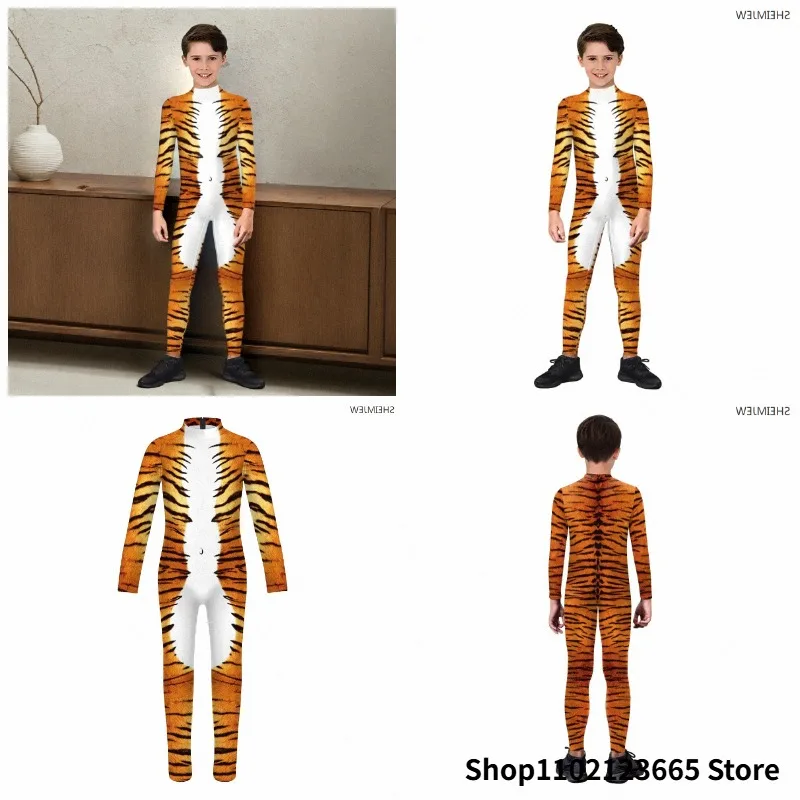 

Fun Creative Animal Cosplay Jumpsuit Tiger Wolf Cow Print Kids Zentai Suit Carnival Party Bodysuit Halloween Catsuit Rave Outfit