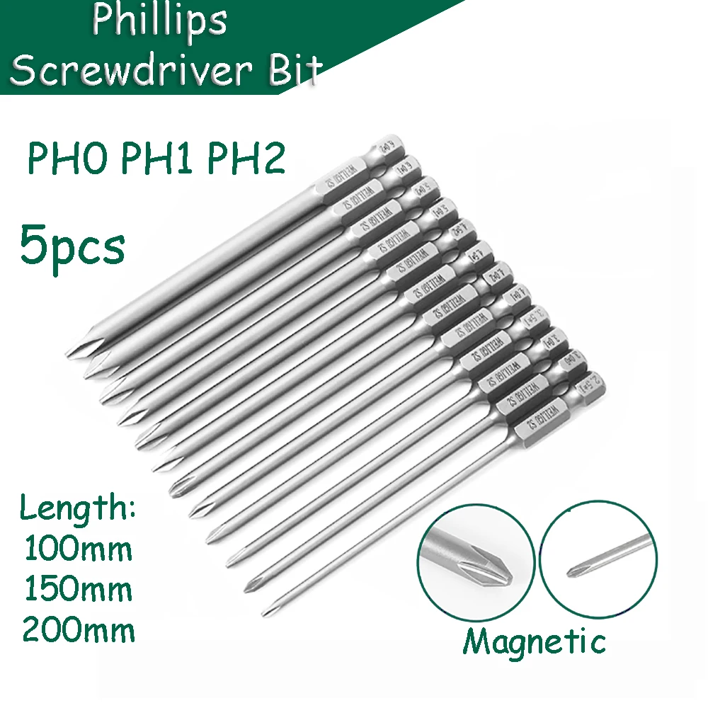 

5pcs Phillips Screwdriver Bit PH0~PH2 Magnetic 100/150/200mm Length 1/4 in. Hex Shank S2 Steel Electric Batch Head Repair