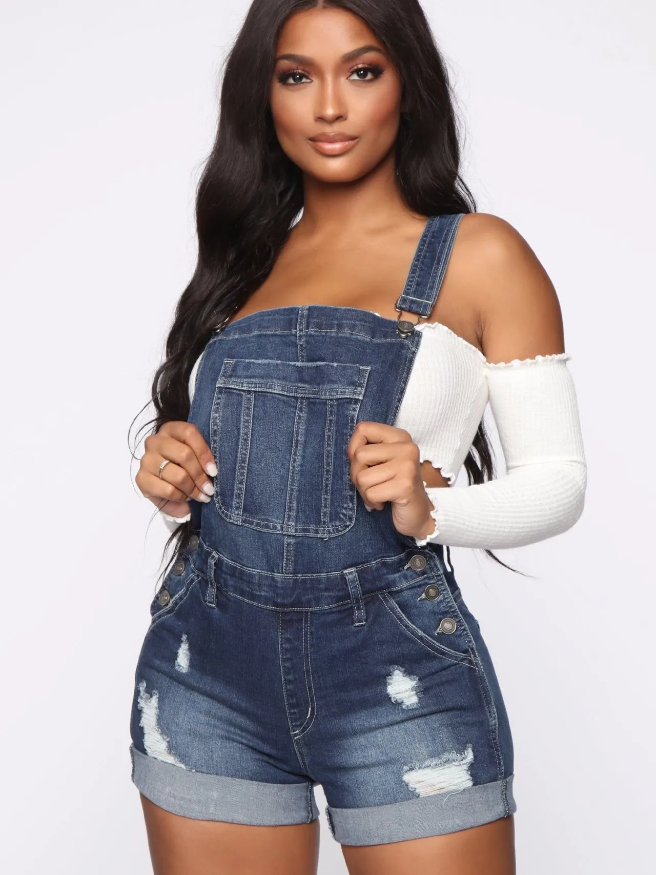 

2026 Spring Commute Straight Leg Denim Jumpsuits with Pockets Elastic Waist Short Shorts Tear Hole Design Overalls Women's Fa...
