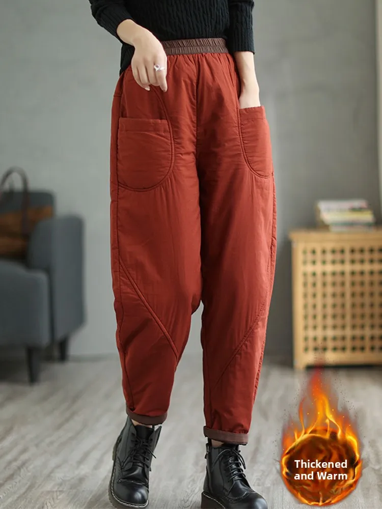 ارتفاع الخصر Thiened القطن هارلان السراويل النسائية ملابس خارجية عارضة السراويل الطويلة الدافئة الرجعية اللون كولون ربيع الخريف الشتاء