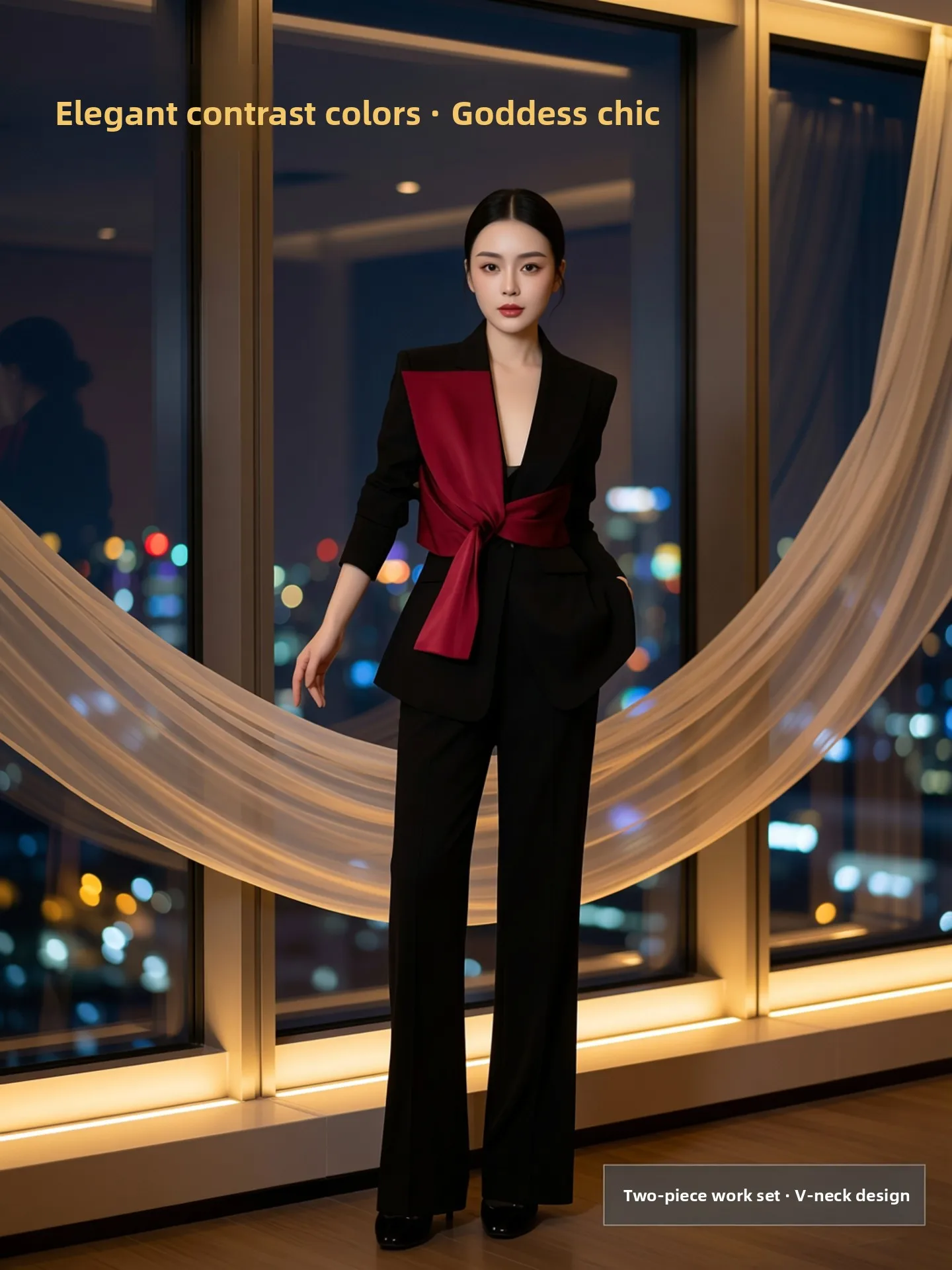

Elegant Color Block Belted Waist Suit Set for Women Spring Autumn Commute Two Piece Set V Neck High Waist Slim Fit Style