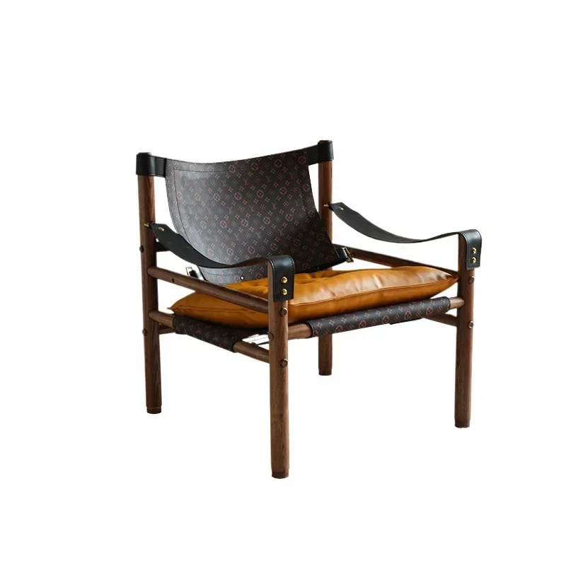 

Retro hunting sofa saddle leather designer medieval printed microfiber leather solid wood single hunting