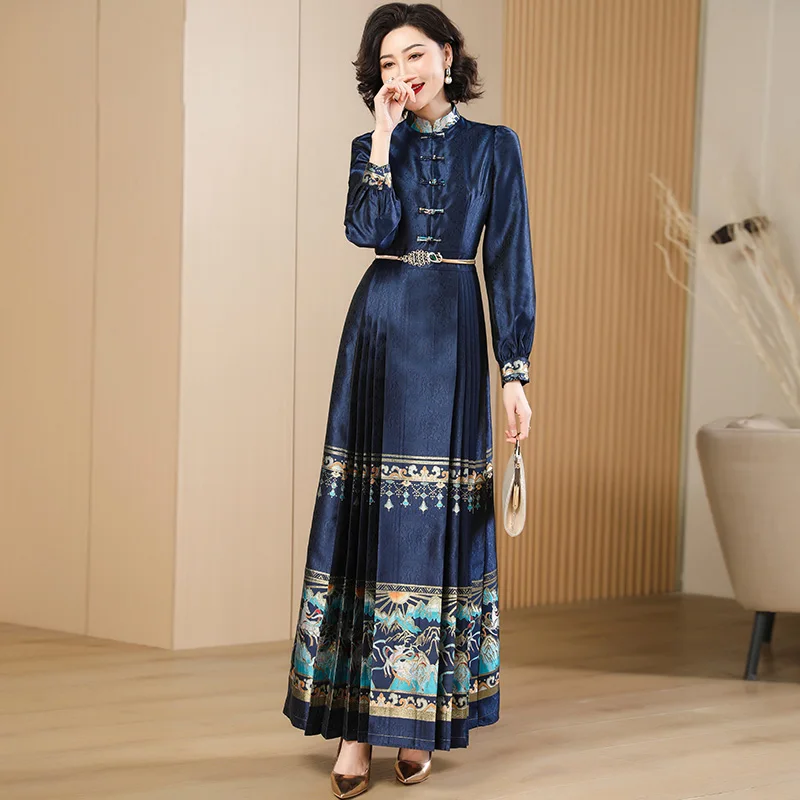 

New Women Chinese Style Vintage Dress Exquisite Small Stand Collar Long Sleeve Slim Waist Navy Blue Horse-faced Skirt