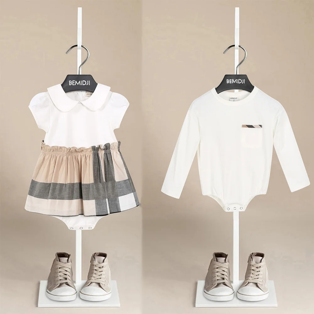Brand Newborn Baby Girls Check Trim Dresses Infant Bodysuit for Twins Baby Girls and Baby Boys Luxury Brands Designer Outfits