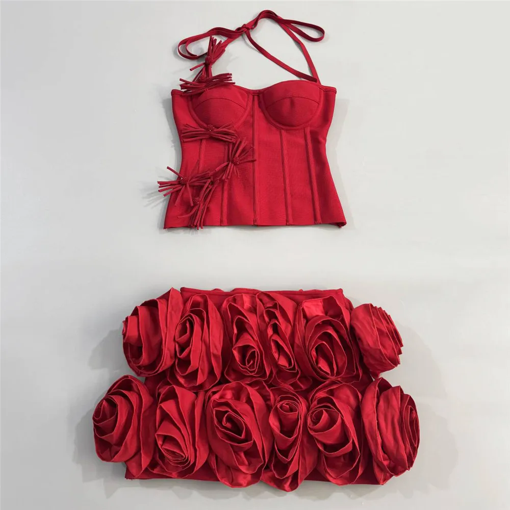 2025 New Arrival Fashion Flowers Women Sexy Halter Tops Mini Skirt Bandage Sets Bodycon Two Pieces Sets - Image 5