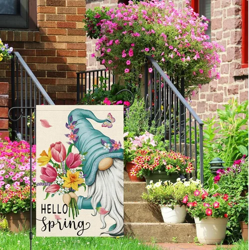 Hello Spring Gnome Garden Flag 12x18 Double Sided Burlap Butterfly Floral Garden JJE DDI GGX