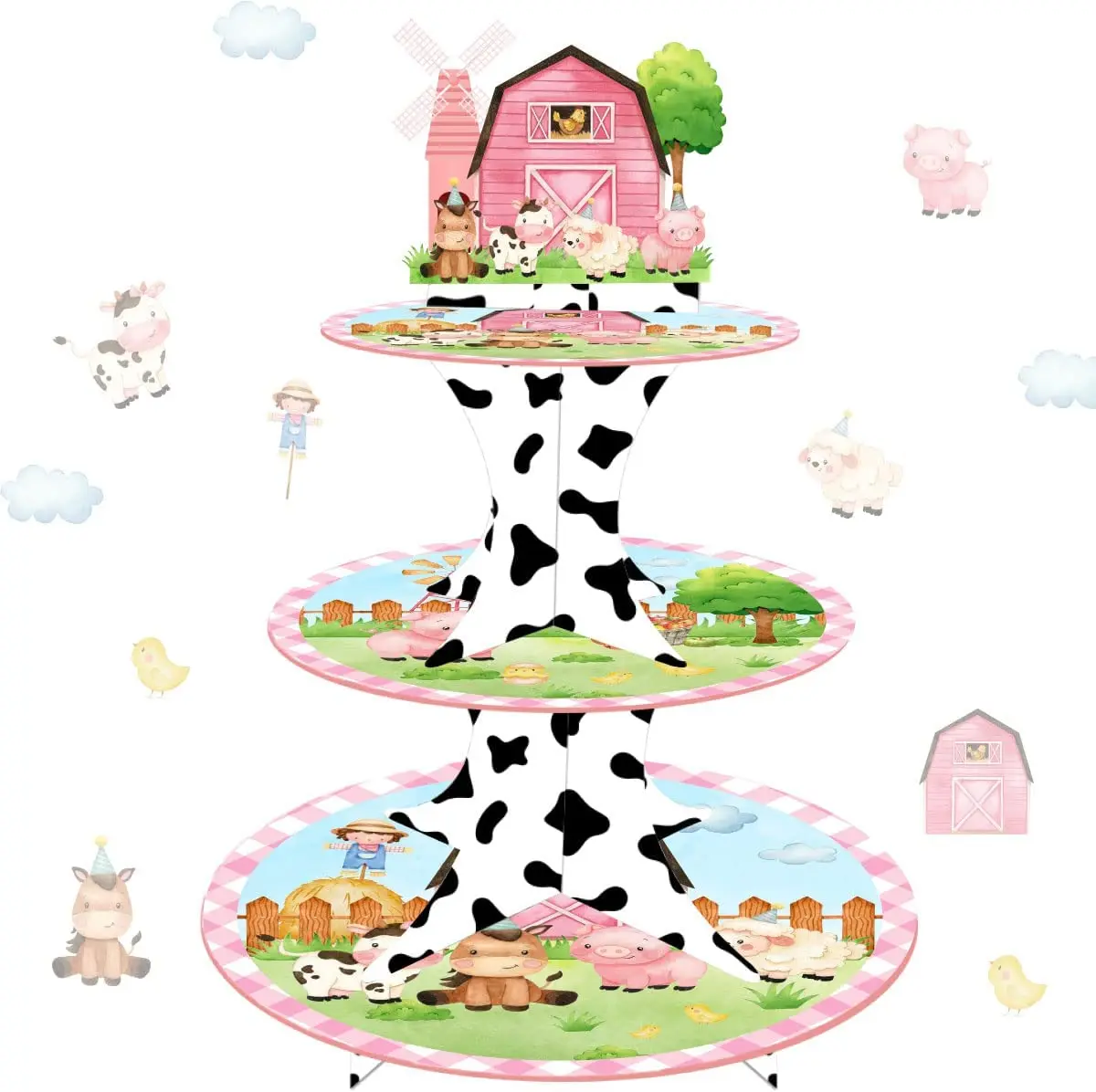 Pink Woodland Animal Birthday Cardboard Cupcake Stand for Girls 3-Tier Cake Dessert Tower Holder for Baby Shower Wedding Decor