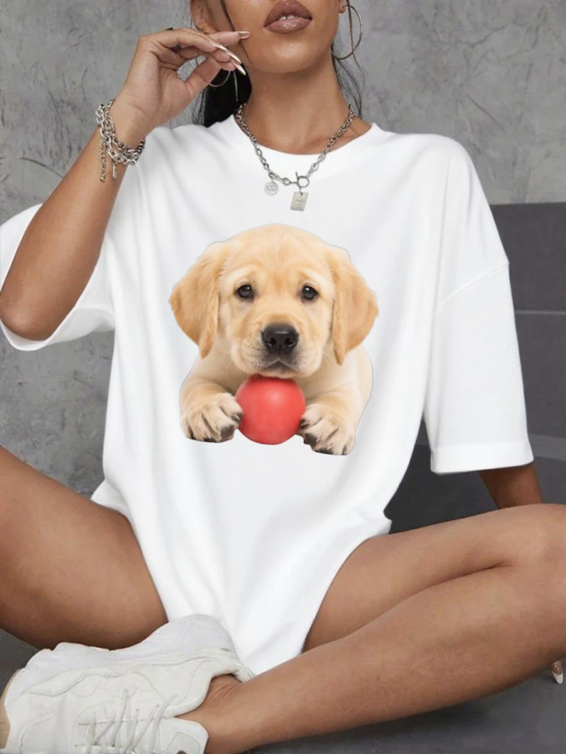 Women's Short-sleeved T-shirt Cute Dog Style Light Yellow Pet Print Round Neck Loose Fit Couple Style Summer Topwomen's Clothing