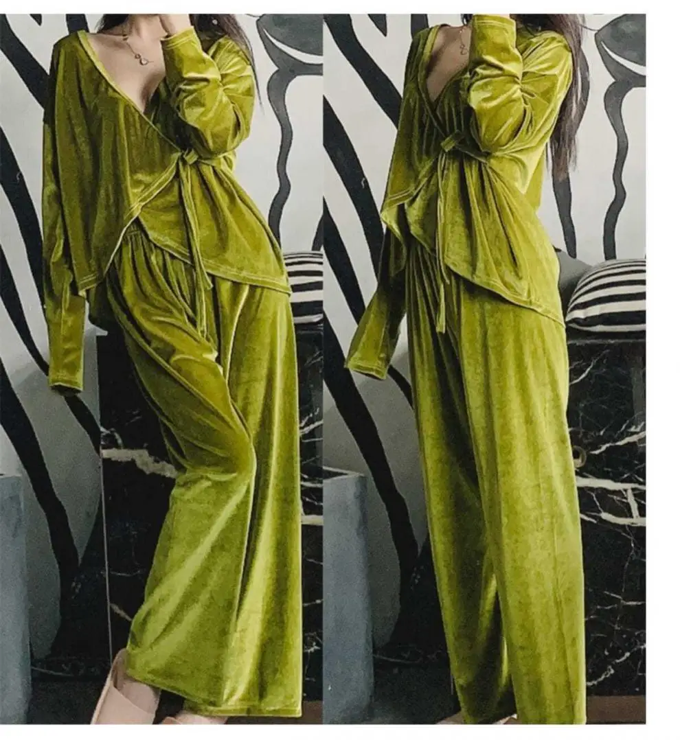 Autumn Velvet Sleepwear Velour Female Pajamas Two Pieces Set Long Sleeve Cardigan&Trouser Suit Loose Casual Homewear Lounge Wear