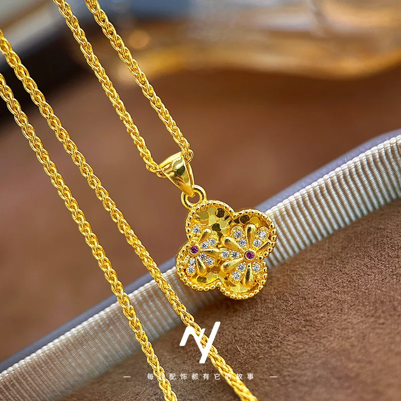 luxury real gold jewelry 24k certifid vitage diamond daisy four-leaf clover pendant clavicle necklace for girlfriend