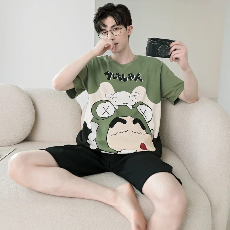 Summer Boys Thin Pajamas Top Cotton Homewear Sets Sleepwear Men Loose Students Cute Short-sleeved Male Clothing Cartoon  Leisure