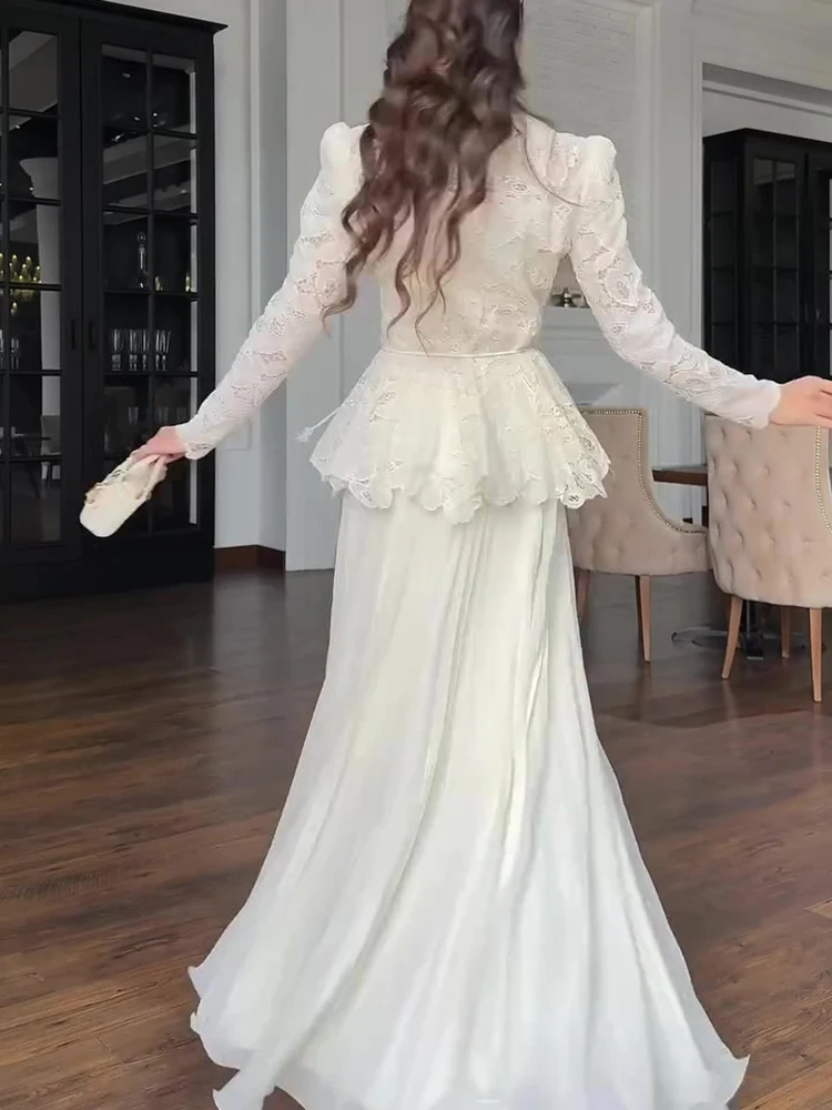 Spring Wrinkle Bust Skirt Suit Women Long Sleeves Lace Up Tops+high Waist Loose Big Swing Long Skirt Autumn Female Two Piece Set