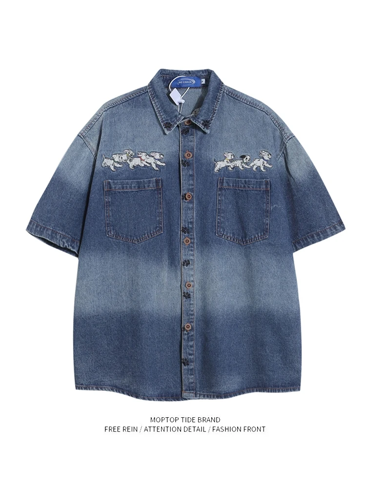 

Mr. WH Retro Fun Dog Embroidery Short Sleeve Denim Shirt Summer Washed Gradient Half Sleeve Shirt Loose Fit Youth Fashion Pol...