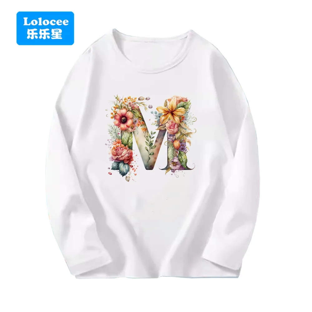 A B C D E Englisch Alphabet Floral Print Weiß T Shirt Mädchen Neue Frühling Herbst Langarm T-Shirt Harajuku Mode Tops T-shirts
