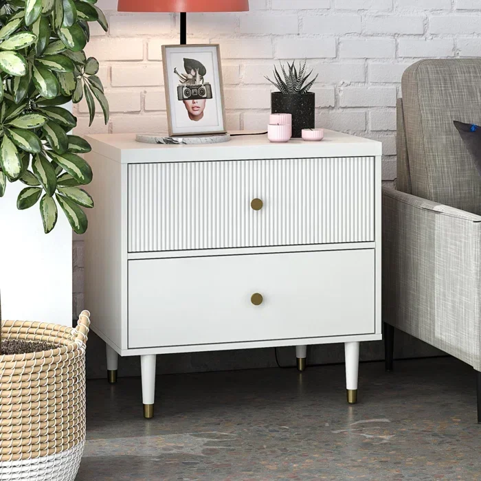 New design drawers and Drawers with fluted face drawers and round metal pulls Metal frame on the bottom for bedroom nightstand