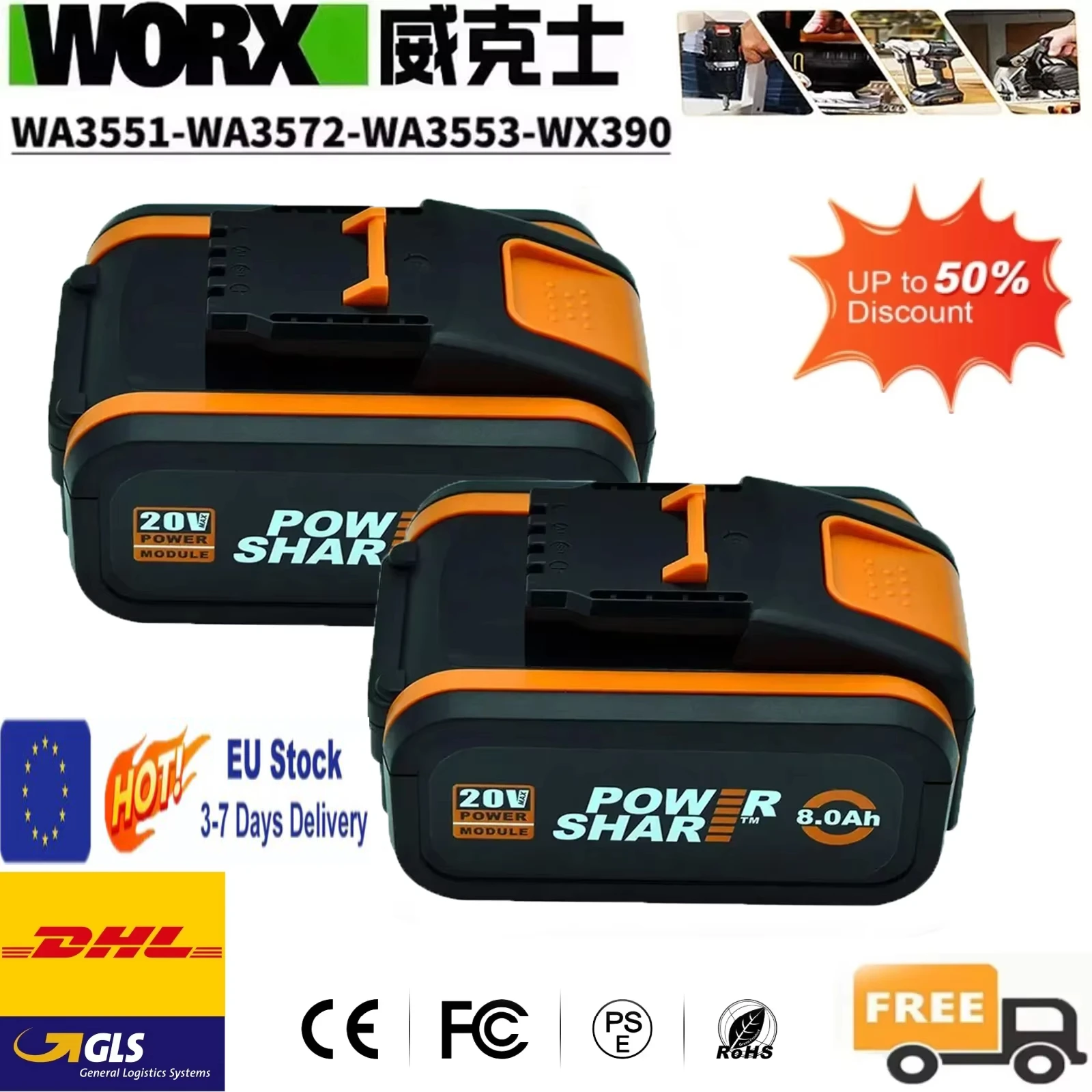 Worx batterie au Lithium originale 20V 8.0Ah Rechargeable WA3553 WA3551 WA3553.1 WA3570 pour tous les outils électriques et de jardin WORX