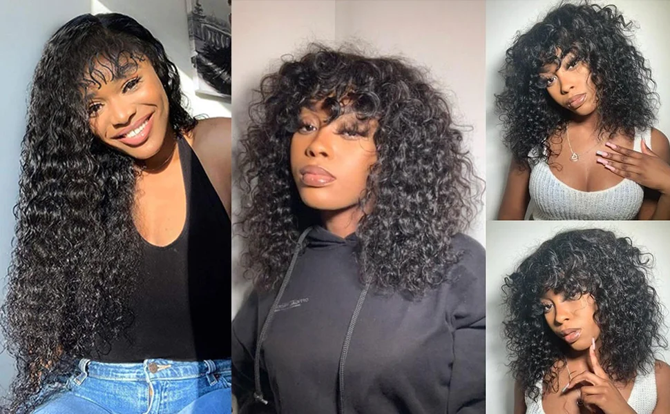 Glueless Water Wave Wig With Bangs Black Women's Human Hair Wig Without Glue Fully Machine Made Wig With Bangs Kinky Curly Wig