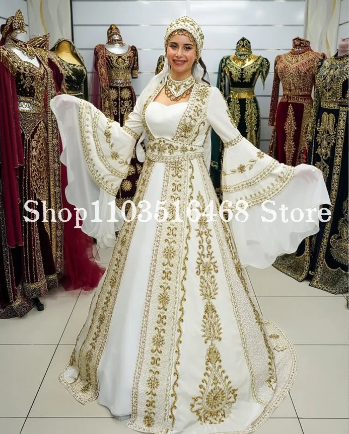 White Middle Eastern Evening Dresses With Placket Long Sleeve Luxury Gold Appliqued Tulle Marocca Robe Customisedفساتين سهرات