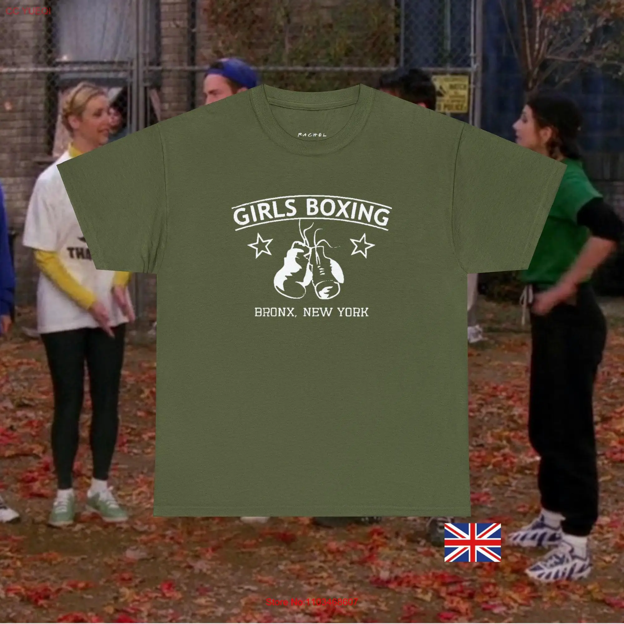 Friends Rachel \'Girl\'s Boxing\' \'Bronx New York\' Green T shirt Outfit long or short sleeves