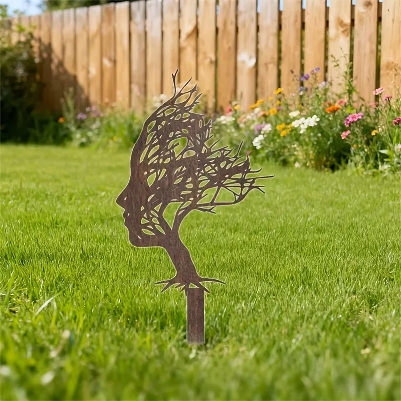 [2D Flat] Vintage Rust Tree Human Face Metal Garden Stake Ground Spike Farm Lawn Patio Metal Ornaments Yard Art Decor