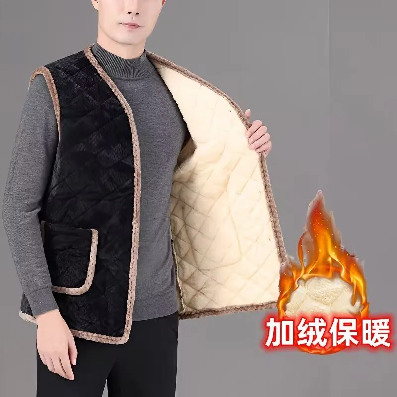 Men's Fleece Waistcoat Male Vintage Keep Warm Fleece Vest 2025 New Autumn Winter Dad's Thick And Warm Cotton Vest Outwear Coat