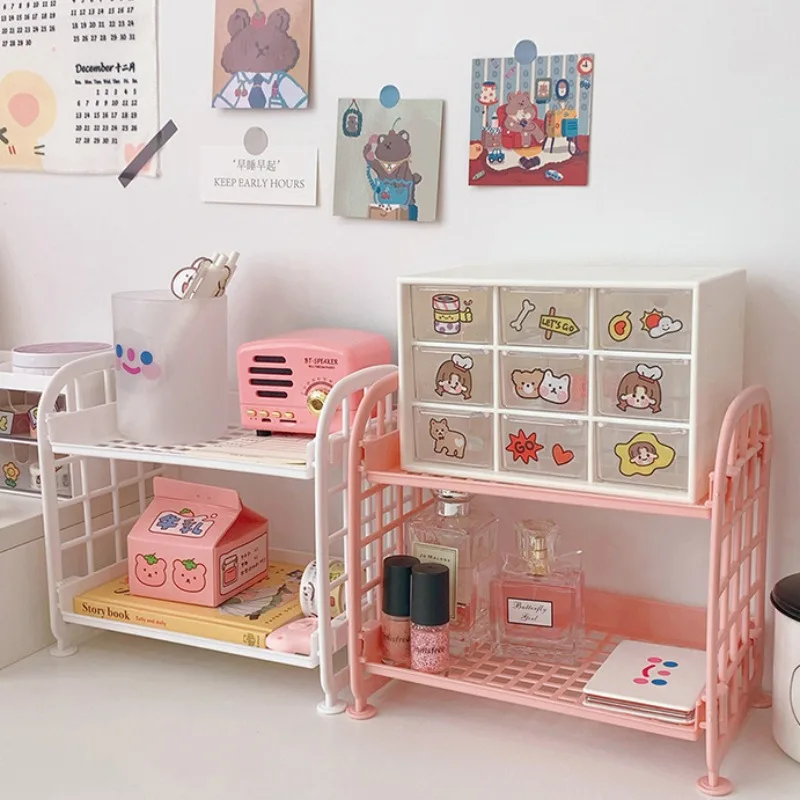 Cute Macaron Color Mini Simulation Hollowed Stationery Holder Shelf Kawaii Double Layer Foldable Desktop Storage Shelf for Girl