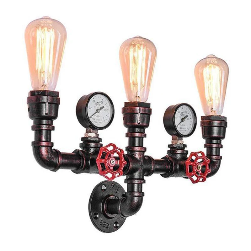 Industrial 3‑Light E27 Retro Water Pipe Wall Lamp With Pressure Gauge Valve Vintage Steampunk Wall Light for Bar Cafe Club Home